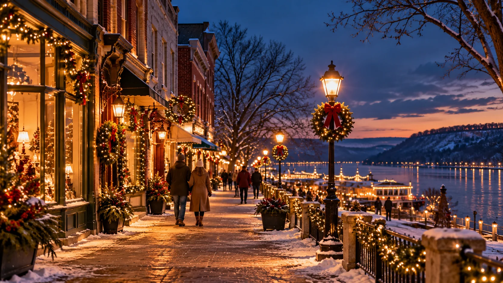 Concept image of holiday-lit storefronts beside the Mississippi on a winter evening