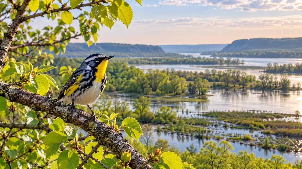 Concept image of a spring migratory songbird above green Upper Mississippi backwaters