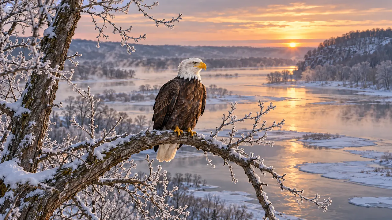Concept image of a bald eagle over snow-covered Mississippi River backwaters in winter