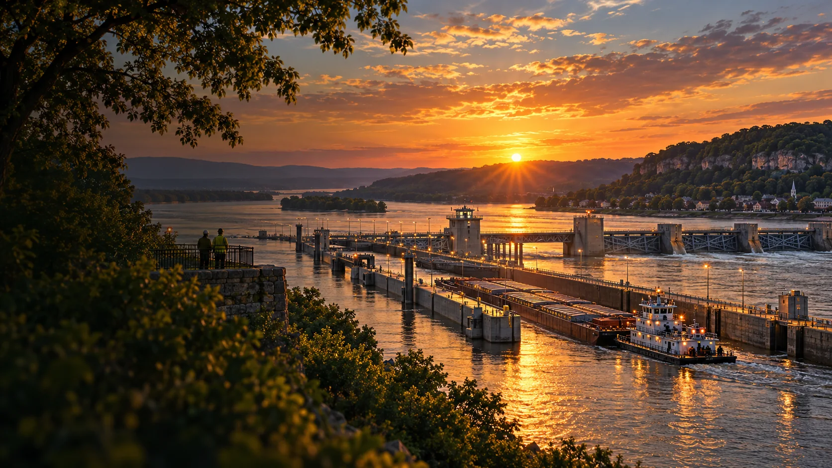 Concept golden-hour scene showing an Upper Mississippi River lock, towboat, barge tow and working dam