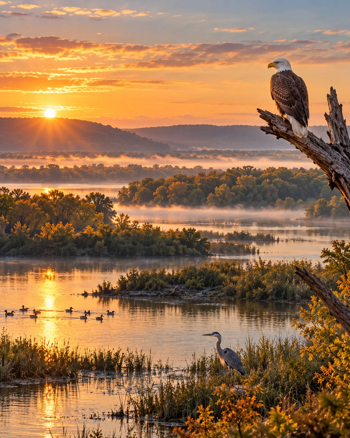 Concept image of a bald eagle perched above misty Upper Mississippi River wetlands at sunrise