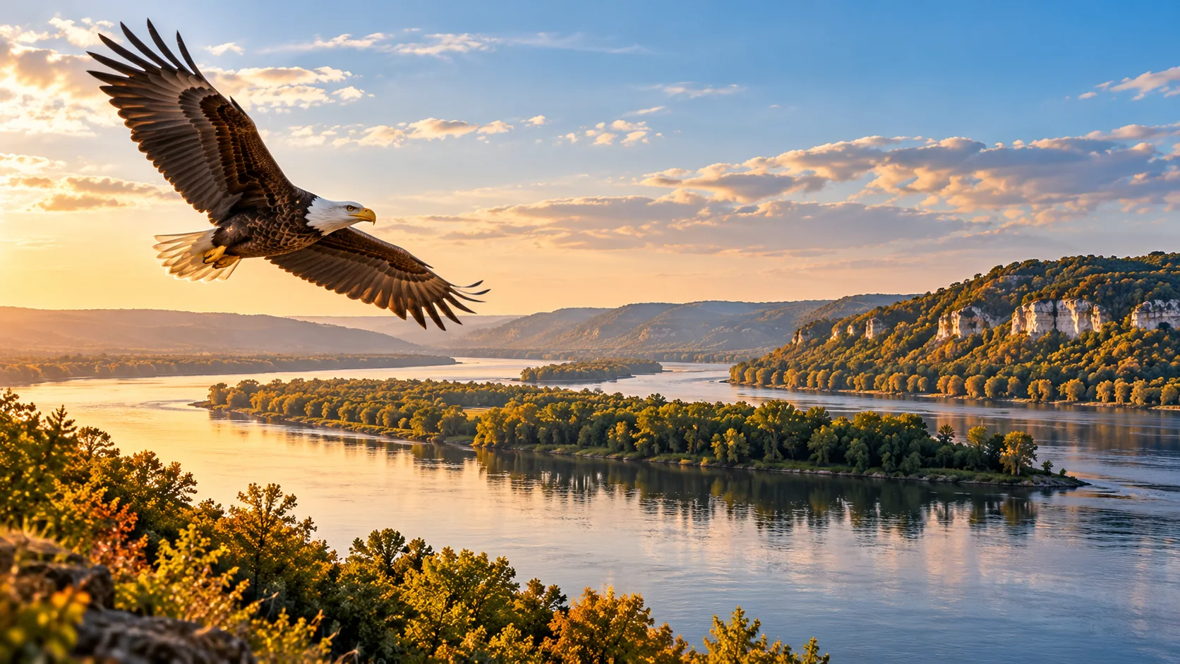 Concept image of the Upper Mississippi River and bald eagle